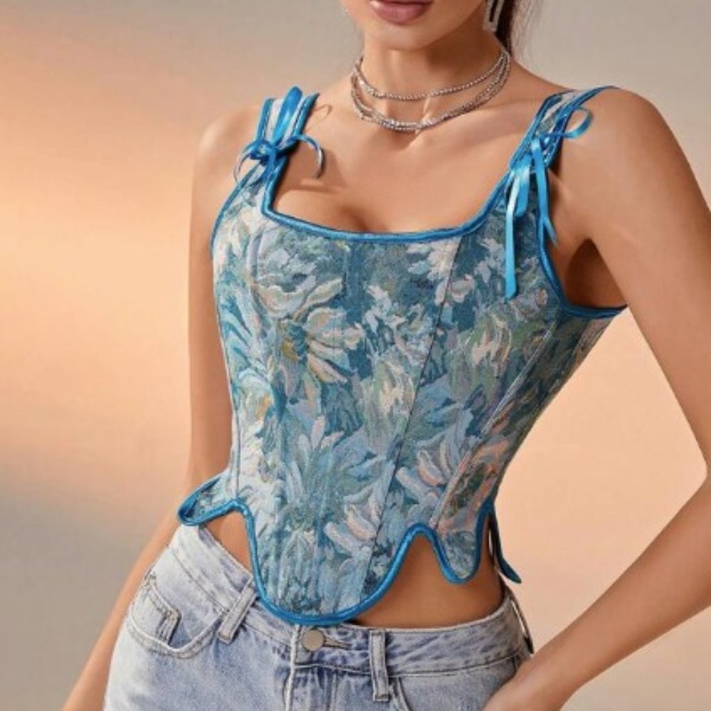Vintage Floral Pattern Asymmetrical Hem Knot Front Lace Up Back Boned Corset Top